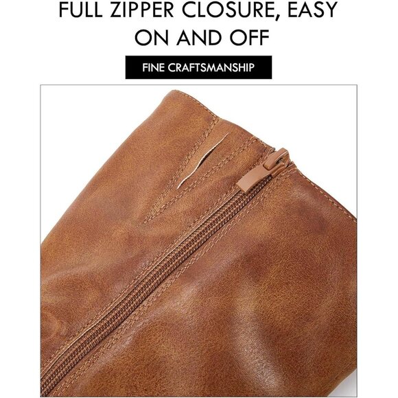 Women Brown Mid Knee High Boots Chunky Heel Slouchy Metal Buckle Winter Shoes - Picture 6 of 7